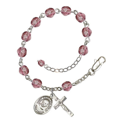 St. Maximilian Kolbe February Birthstone 6mm Amethyst Fire Polished Beads Silver-Plated Rosary Bracelet with Pewter Crucifix and Medal, Bliss Manufacturing