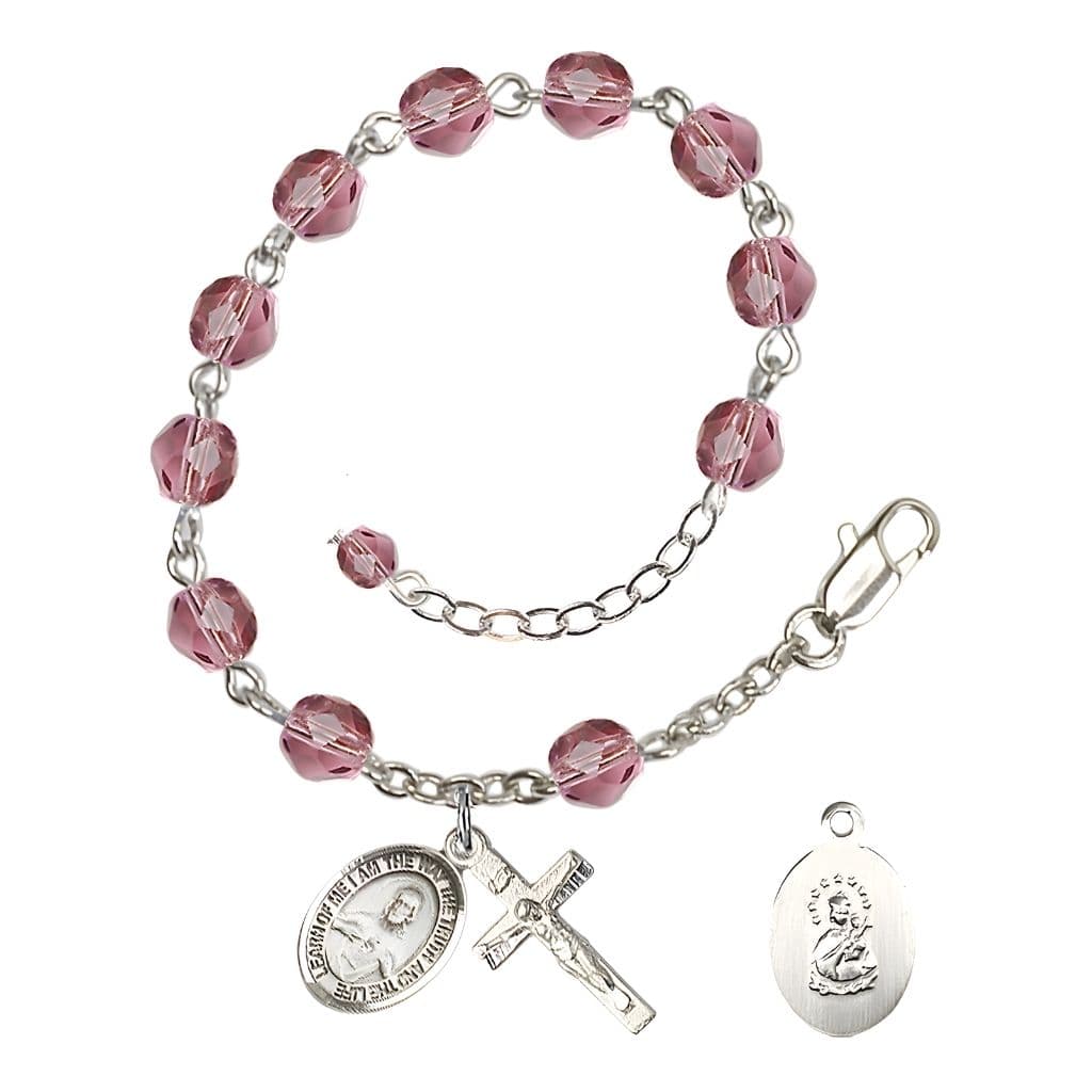 Bliss Sacred Heart of Jesus Scapular Rosary Bracelet with Pewter Crucifix and Charm, Birthstone 6mm Fire Polished Amethyst Beads for February