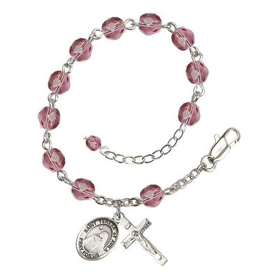St. Teresa of Avila Birthstone Silver-plated 6mm Amethyst Fire Polished Rosary Bracelet with Pewter Centerpiece and Crucifix, Bliss Manufacturing