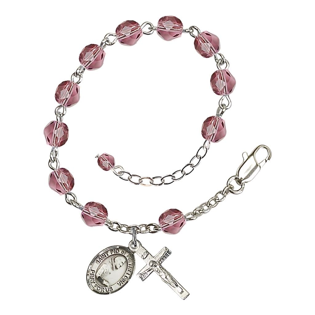 Bliss St. Padre Pio of Pietrelcina 6mm Fire Polished Birthstone Silver-plated Rosary Bracelet in Amethyst
