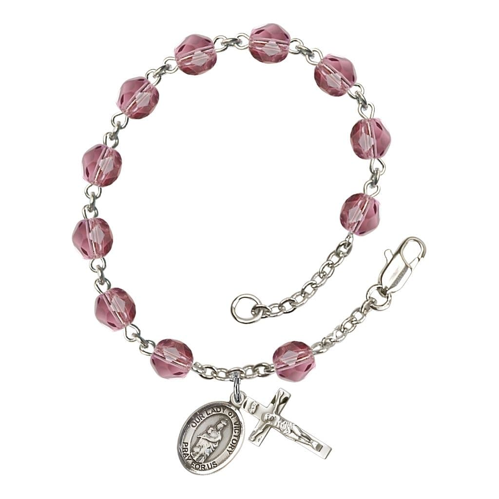 Bliss Catholic Our Lady of Victory February Birthstone Amethyst  6mm Fire Polished Silver-plated Rosary Bracelet with Pewter Centerpiece and Crucifix