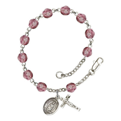 Catholic Our Lady of Victory February Birthstone Amethyst 6mm Fire Polished Silver-plated Rosary Bracelet with Pewter Centerpiece and Crucifix, Bliss Manufacturing
