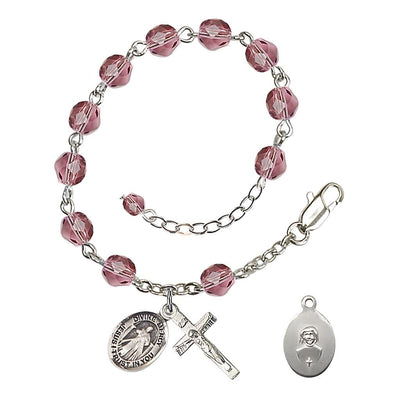 Jesus Divine Mercy Rosary Bracelet with Pewter Crucifix and Charm, Birthstone 6mm Fire Polished Amethyst Beads for February, Bliss Manufacturing