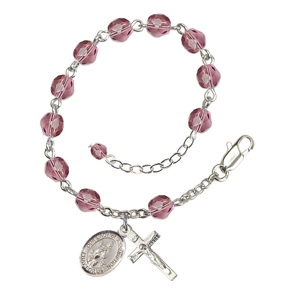 Our Lady of Assumption Birthstone Silver-plated Rosary Bracelet with 6mm amethyst fire-polished 