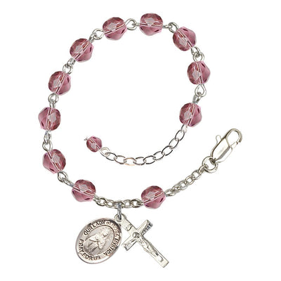 Bliss Our Lady of Rosa Mystica Rosary Bracelet with Pewter Crucifix and Charm, Birthstone 6mm Fire Polished Amethyst Beads for February