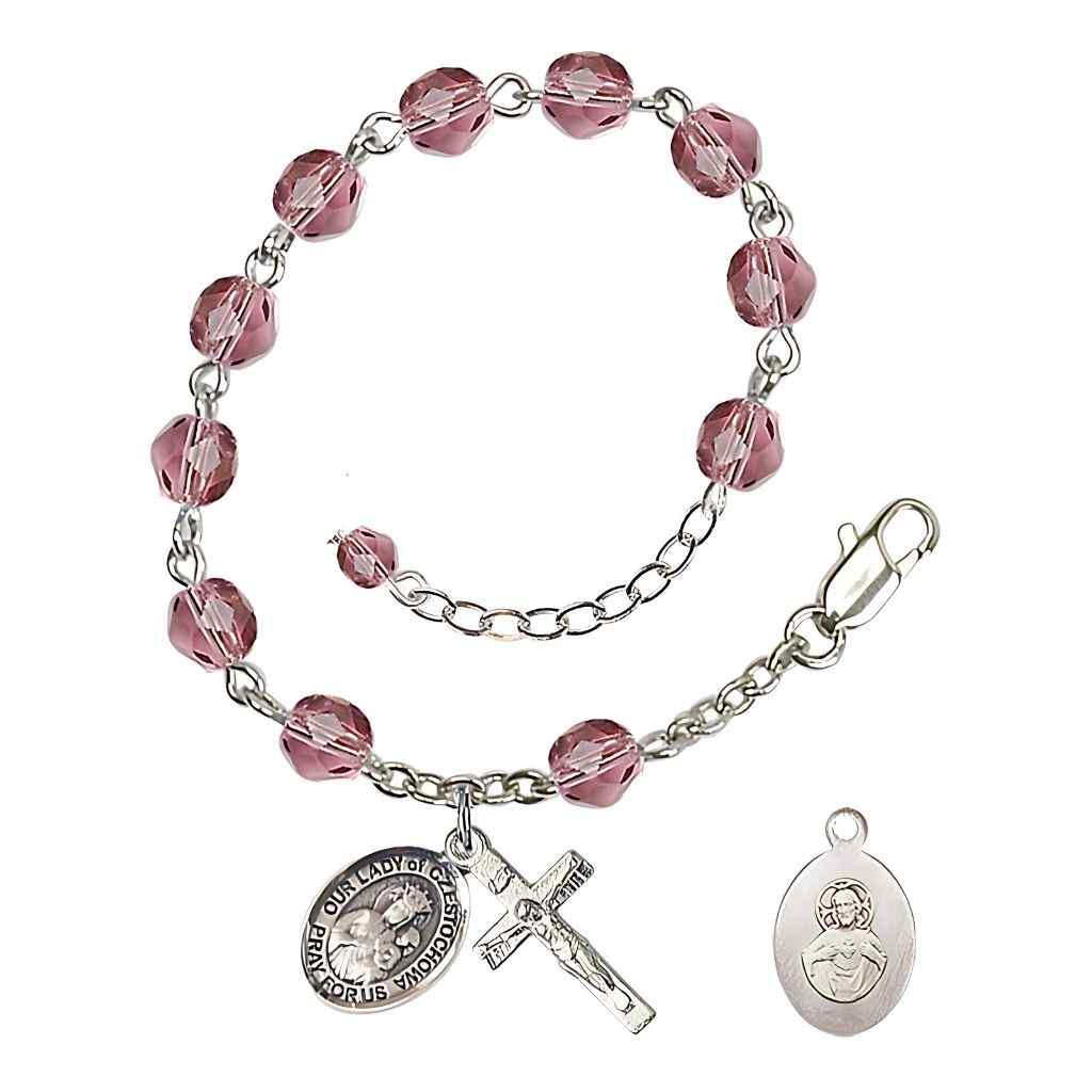 Our Lady of Czestochowa Rosary Bracelet with Pewter Crucifix and Charm, Birthstone 6mm Fire Polished Amethyst Beads for February