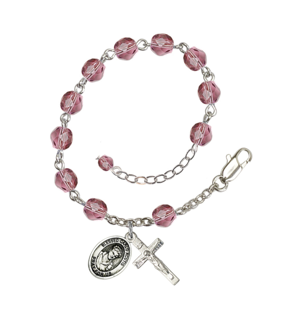 Bliss Silver-Plated Crystal Blessed Carlo Acutis Birthstone Rosary Bracelet, Amethyst February,