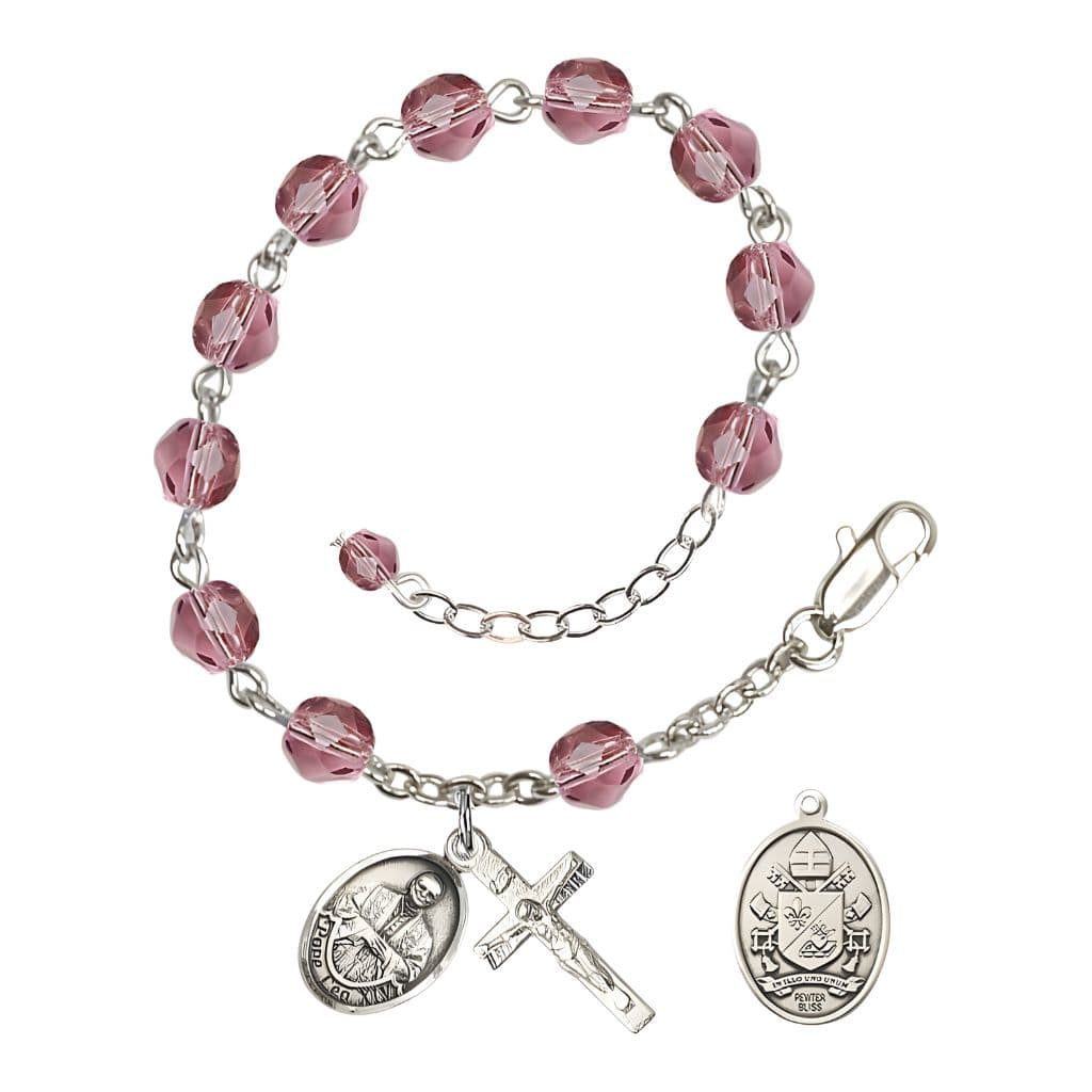Bliss Pope Leo XIV Birthstone 6mm Fire Polished Silver-plated Rosary Bracelet with birthstone fire-polished amethyst beads