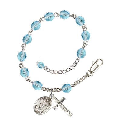 March Aqua Crystal St Barbara Birthstone Rosary Bracelet, Bliss Manufacturing