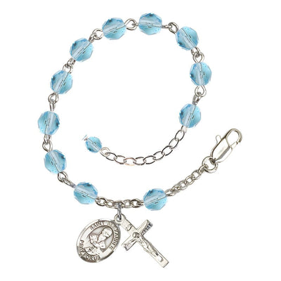 Aqua Silver-Plated Crystal St St Alexander Sauli Birthstone Rosary Bracelet, Bliss Manufacturing