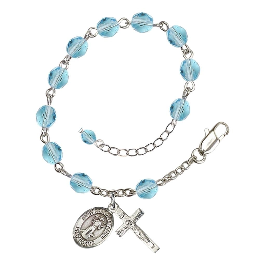 Bliss St. Francis of Assisi 6mm Fire Polished Birthstone Rosary Silver-plated Bracelet in Aqua
