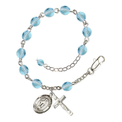 Saint Gregory the Great Rosary Bracelet with Pewter Crucifix and Medal, Birthstone 6mm Fire Polished Aqua Beads for March, Bliss Manufacturing