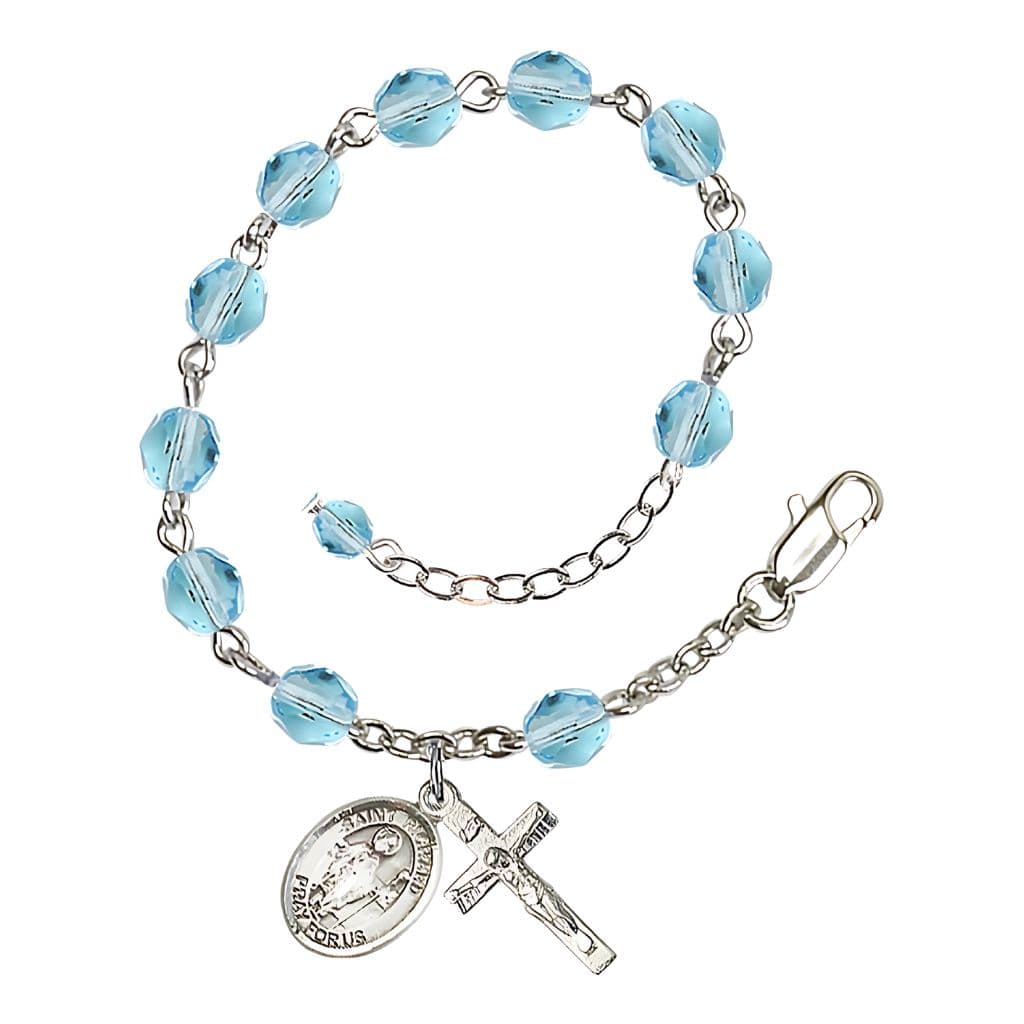 Bliss St. Richard Help Birthstone Heart Rosary Bracelet in Fire Polished Aqua,