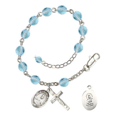 Sacred Heart of Jesus Scapular Rosary Bracelet with Pewter Crucifix and Charm, Birthstone 6mm Fire Polished Aqua Beads for March, Bliss Manufacturing