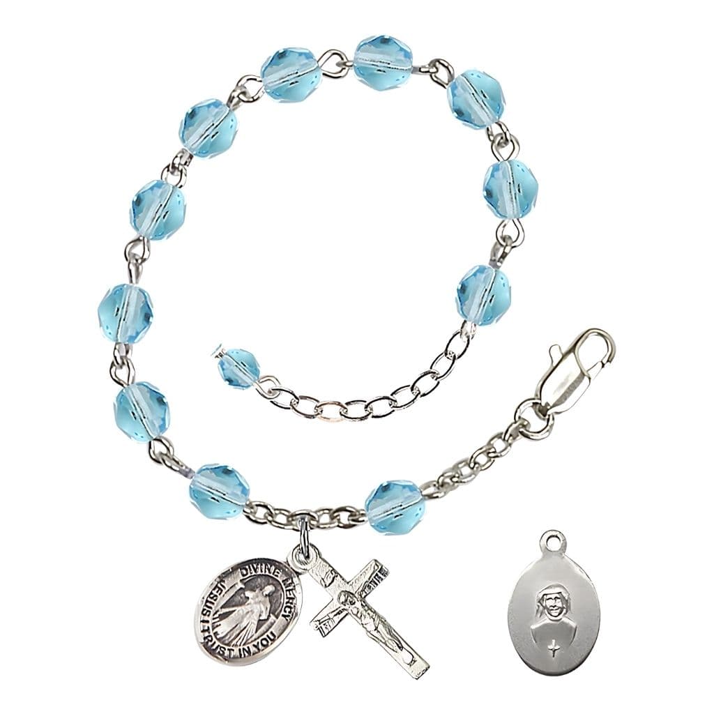 Bliss Jesus Divine Mercy Rosary Bracelet with Pewter Crucifix and Charm, Birthstone 6mm Fire Polished Aqua Beads for March