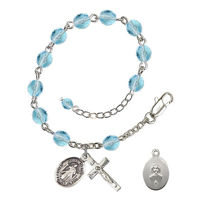 Jesus Divine Mercy Rosary Bracelet with Pewter Crucifix and Charm, Birthstone 6mm Fire Polished Aqua Beads for March, Bliss Manufacturing