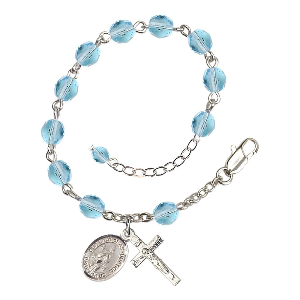 Our Lady of Assumption Birthstone Silver-plated Rosary Bracelet with 6mm aqua fire-polished 