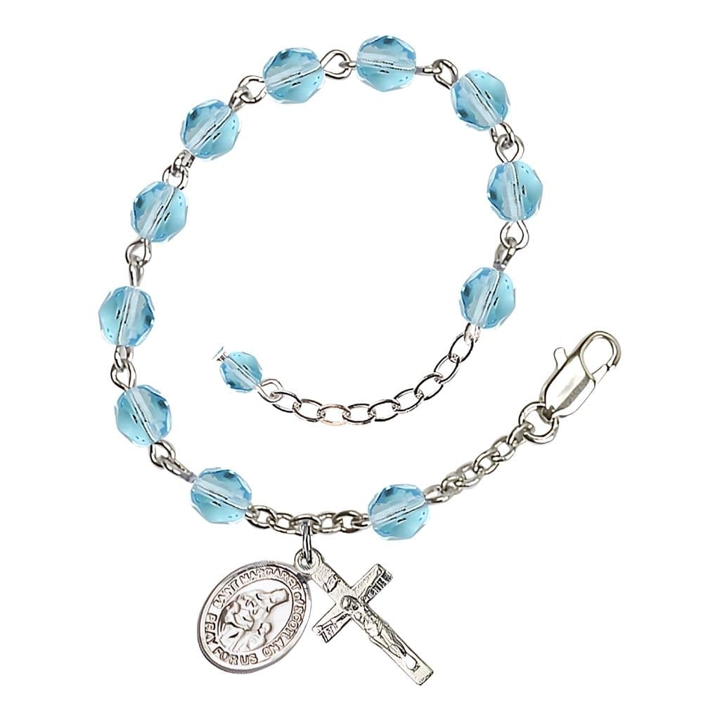 Bliss St. Margaret of Scotland March Birthstone 6mm Aqua Fire Polished Beads Silver-Plated Rosary Bracelet with Pewter Crucifix and Medal