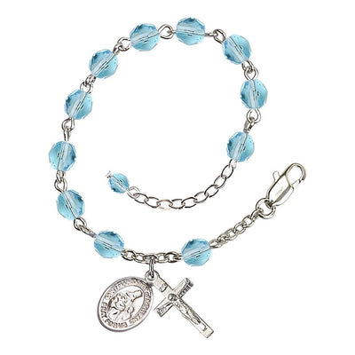 St. Margaret of Scotland March Birthstone 6mm Aqua Fire Polished Beads Silver-Plated Rosary Bracelet with Pewter Crucifix and Medal, Bliss Manufacturing