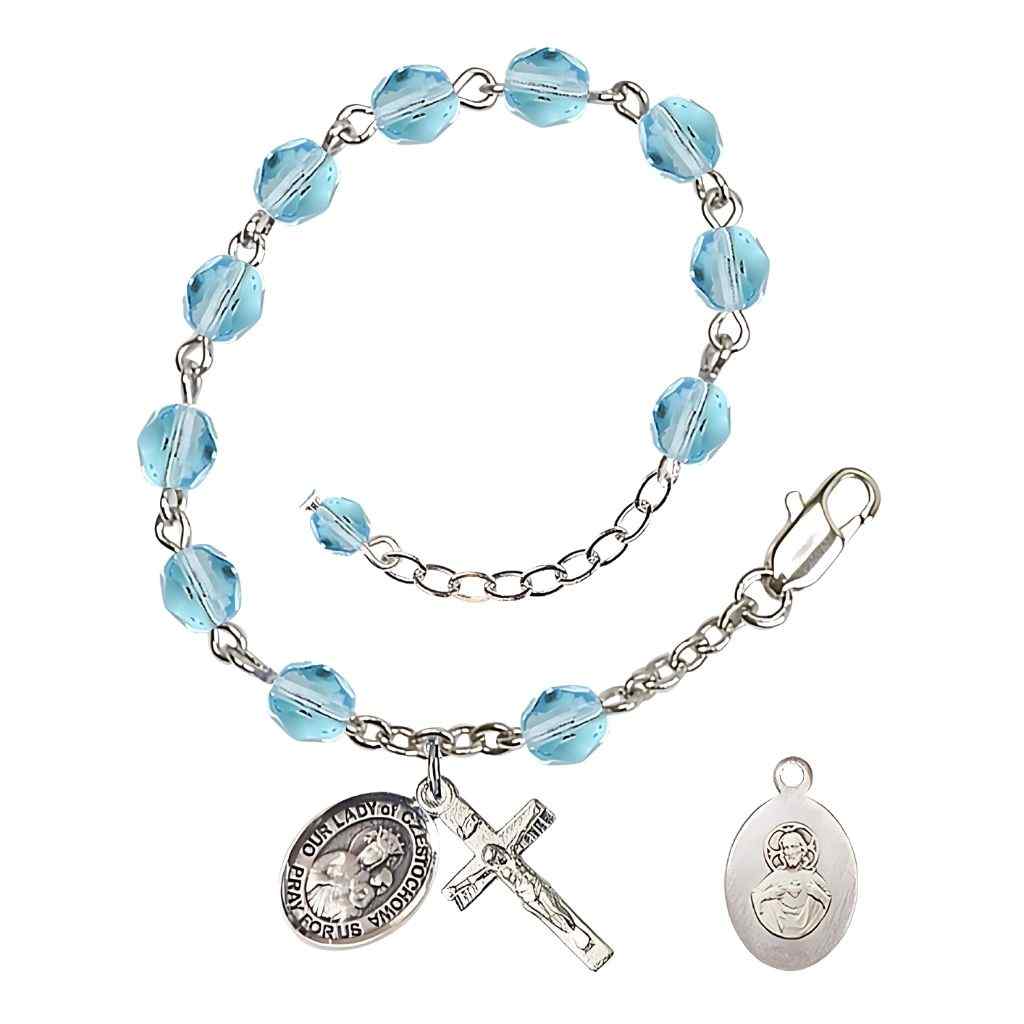 Our Lady of Czestochowa Rosary Bracelet with Pewter Crucifix and Charm, Birthstone 6mm Fire Polished Aqua Beads for March