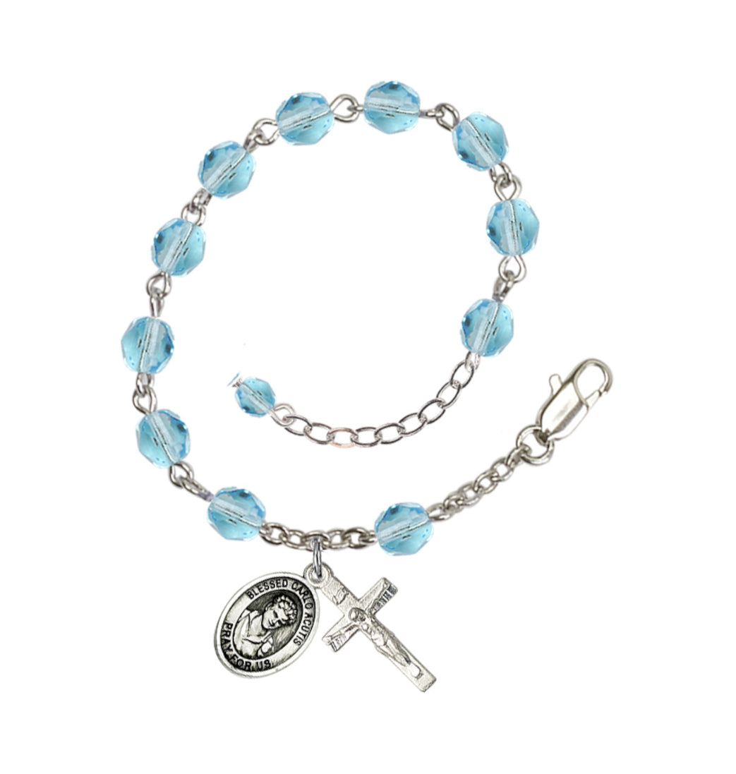 Bliss Silver-Plated Crystal Blessed Carlo Acutis Birthstone Rosary Bracelet,Aqua March,