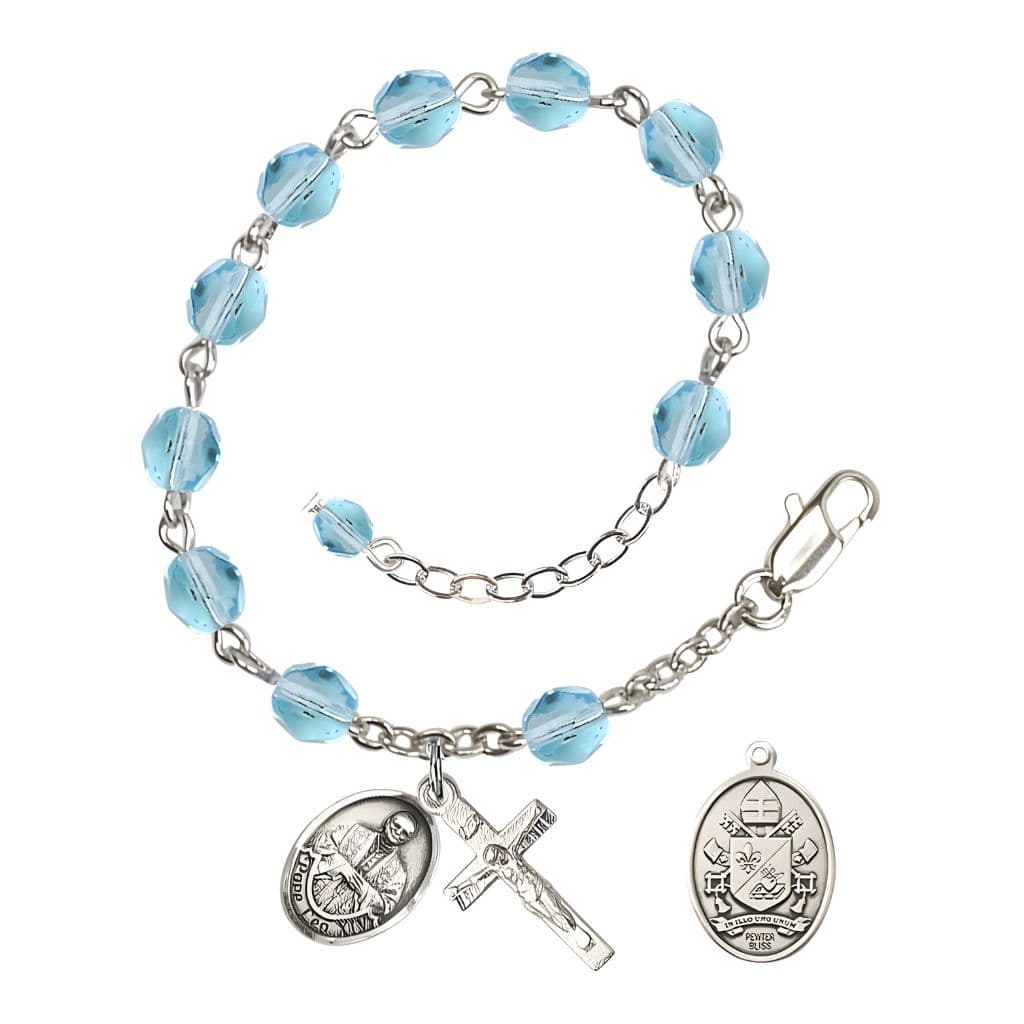 Bliss Pope Leo XIV Birthstone 6mm Fire Polished Silver-plated Rosary Bracelet with birthstone fire-polished aqua beads