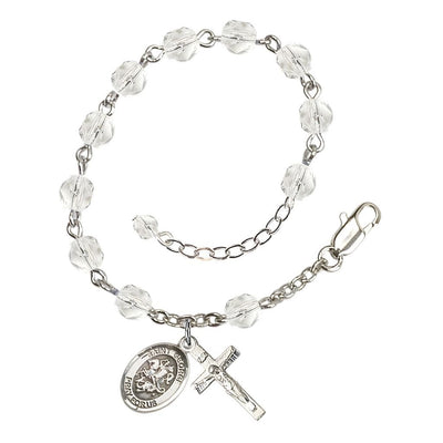 George Rosary Bracelet with Pewter Crucifix and Medal, Birthstone 6mm Fire Polished Clear Crystal Beads for April, Bliss Manufacturing
