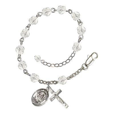 Saint Catherine of Siena Rosary Bracelet with Pewter Crucifix and Medal, Birthstone 6mm Fire Polished Clear Crystal Beads for April, Bliss Manufacturing