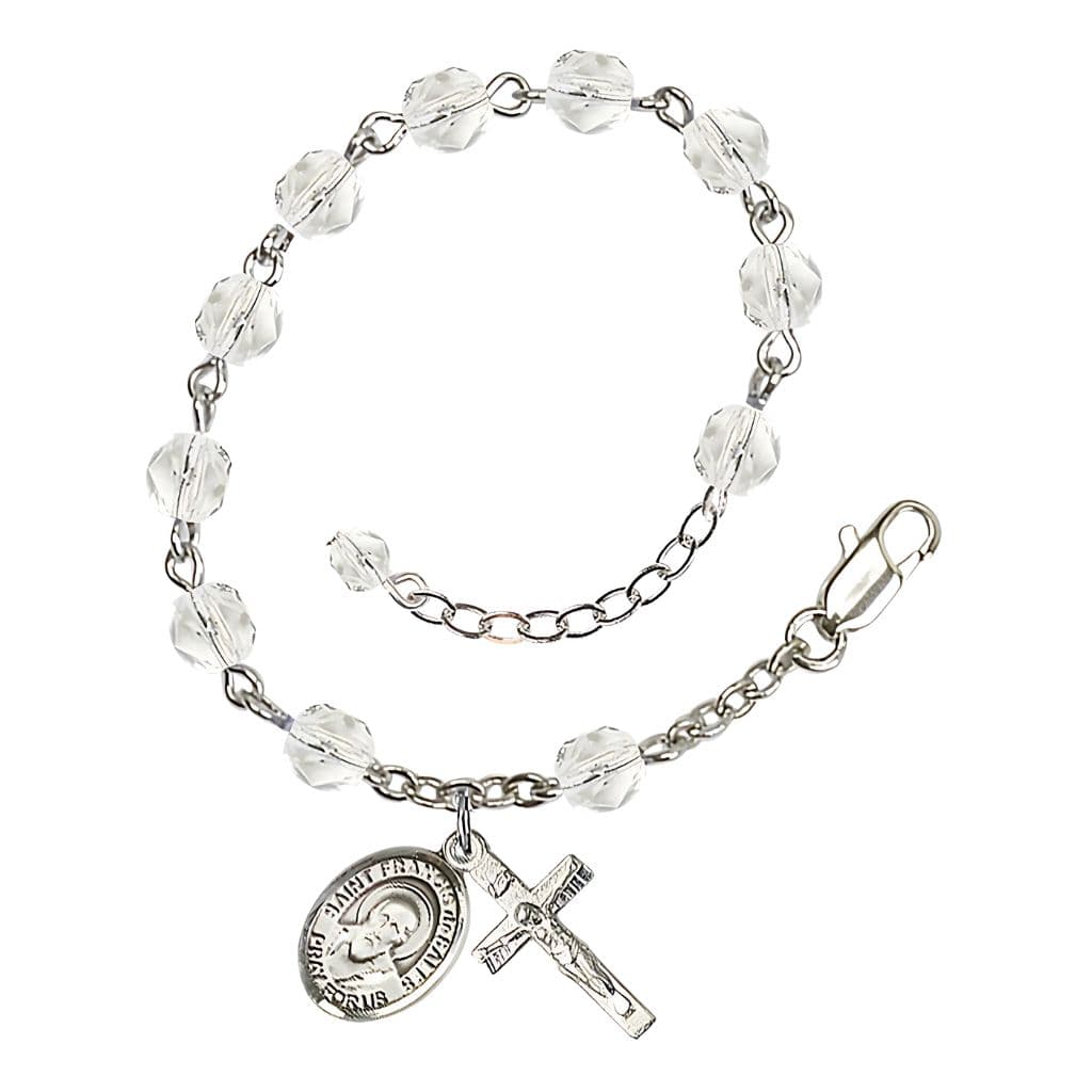 Bliss St. Francis de Sales April Birthstone 6mm Crystal Fire Polished Beads Silver-Plated Rosary Bracelet with Pewter Crucifix and Medal