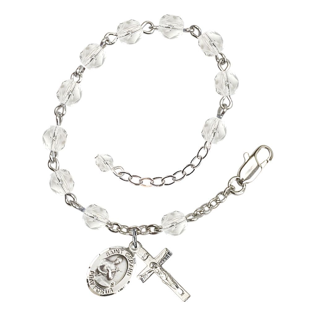Bliss Gerard Majella Rosary Bracelet with Pewter Crucifix and Medal, Birthstone 6mm Fire Polished Clear Crystal Beads for April