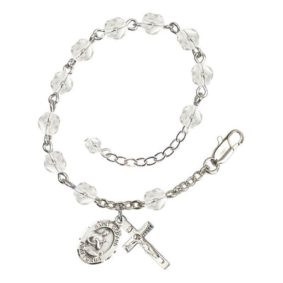 Gerard Majella Rosary Bracelet with Pewter Crucifix and Medal, Birthstone 6mm Fire Polished Clear Crystal Beads for April, Bliss Manufacturing