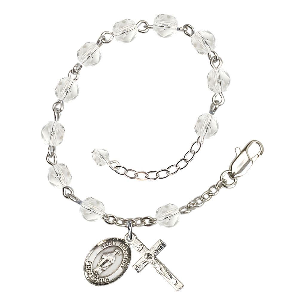 Bliss Saint Gregory the Great Rosary Bracelet with Pewter Crucifix and Medal, Birthstone 6mm Fire Polished Clear Crystal Beads for April
