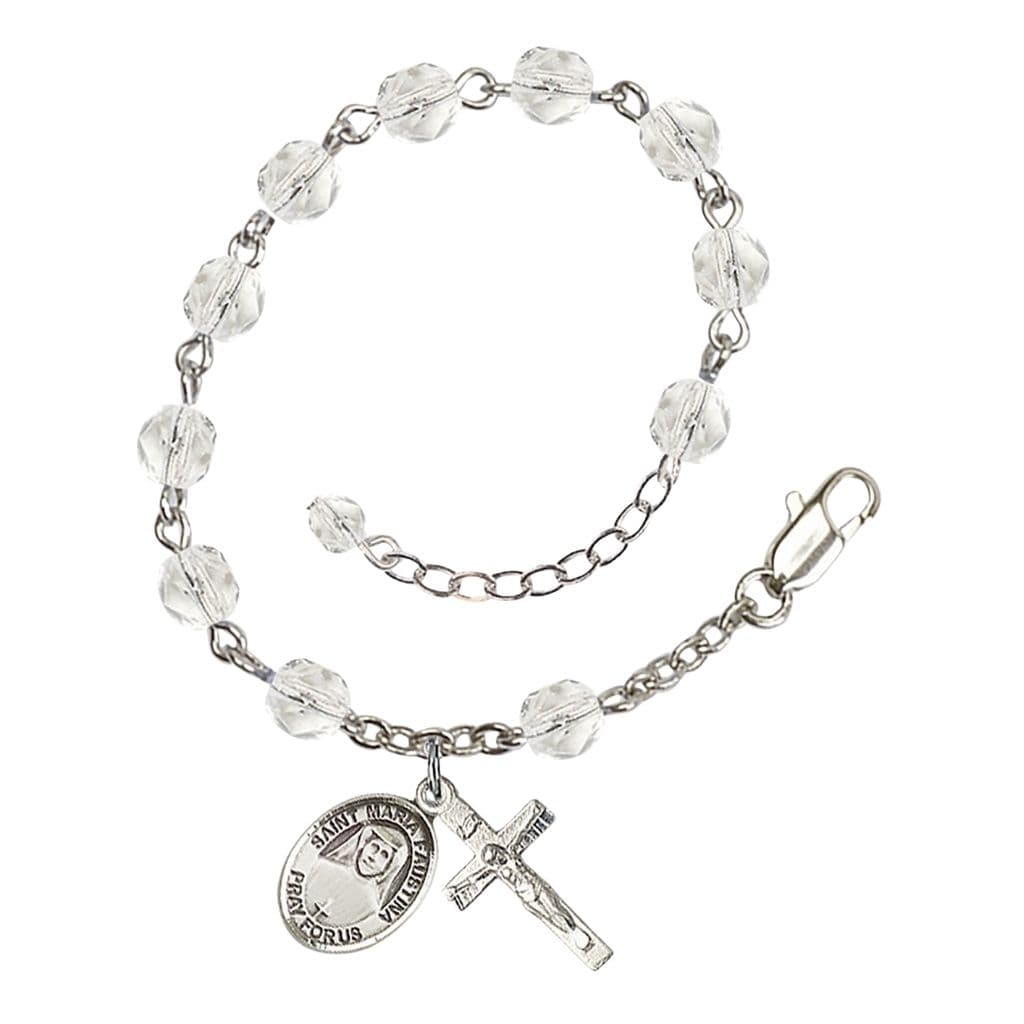 Bliss St. Maria Faustina Birthstone Silver-plated Rosary Bracelet with 6mm fire-polished beads in clear,