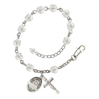 St. Maria Faustina Birthstone Silver-plated Rosary Bracelet with 6mm fire-polished beads in clear in Crystal, Bliss Manufacturing