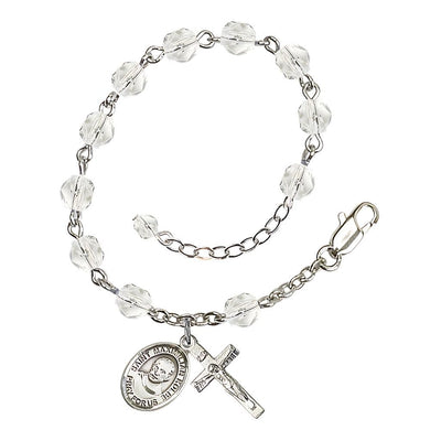 St. Maximilian Kolbe April Birthstone 6mm Crystal Fire Polished Beads Silver-Plated Rosary Bracelet with Pewter Crucifix and Medal, Bliss Manufacturing