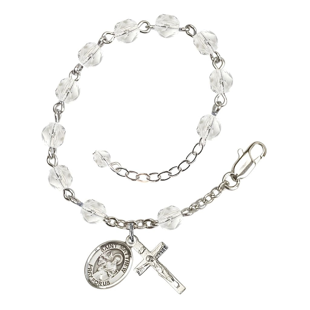 St. Matthew the Apostle Birthstone 6mm Clear Fire Polished Rosary Bracelet with Pewter Crucifix and Centerpiece