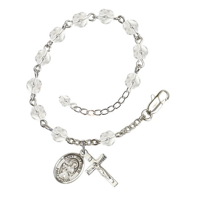 St. Matthew the Apostle Birthstone 6mm Clear Fire Polished Rosary Bracelet with Pewter Crucifix and Centerpiece in Crystal, Bliss Manufacturing