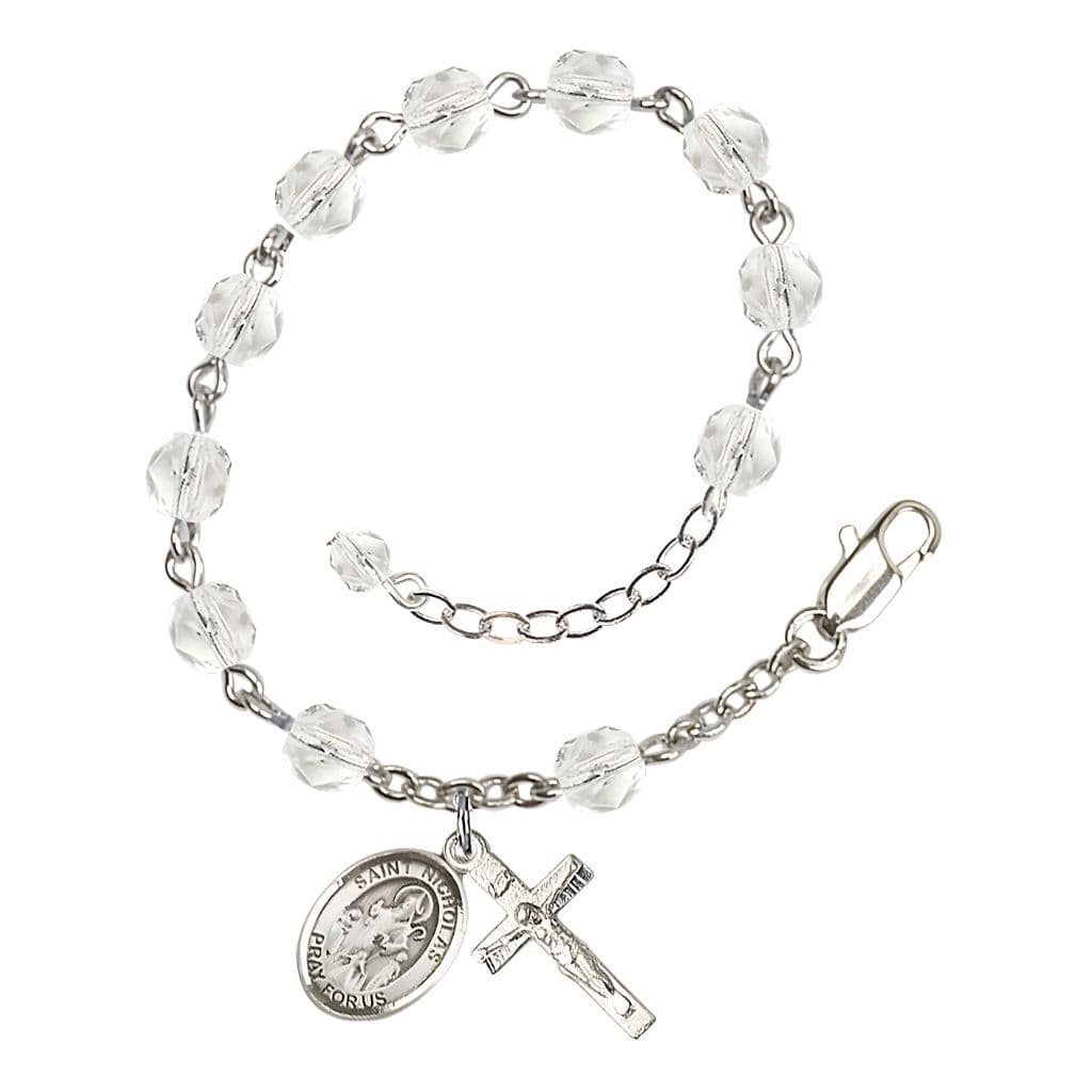 Bliss St. Nicholas Rosary Bracelet with Pewter Centerpiece and Crucifix, April Birthstone 6mm Clear Fire Polished Beads