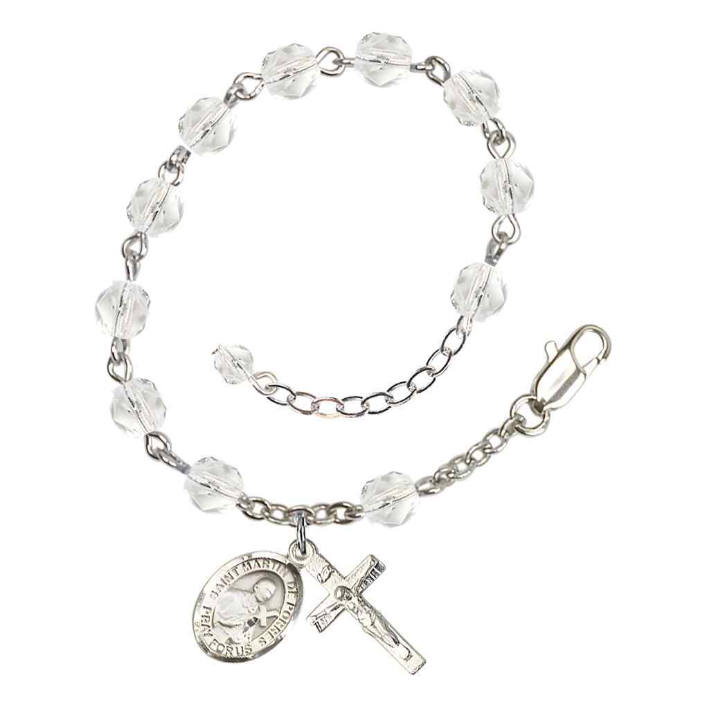 Saint Martin de Porres Rosary Bracelet with Pewter Crucifix and Charm, Birthstone 6mm Fire Polished Clear Crystal Beads for April