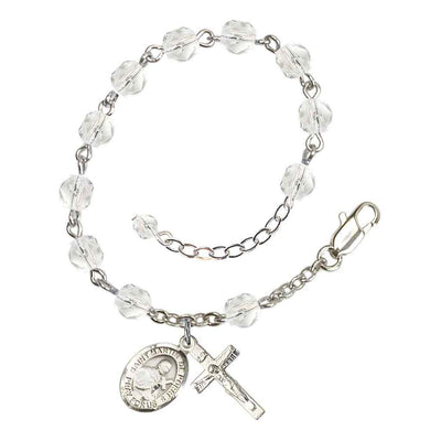 Saint Martin de Porres Rosary Bracelet with Pewter Crucifix and Charm, Birthstone 6mm Fire Polished Clear Crystal Beads for April