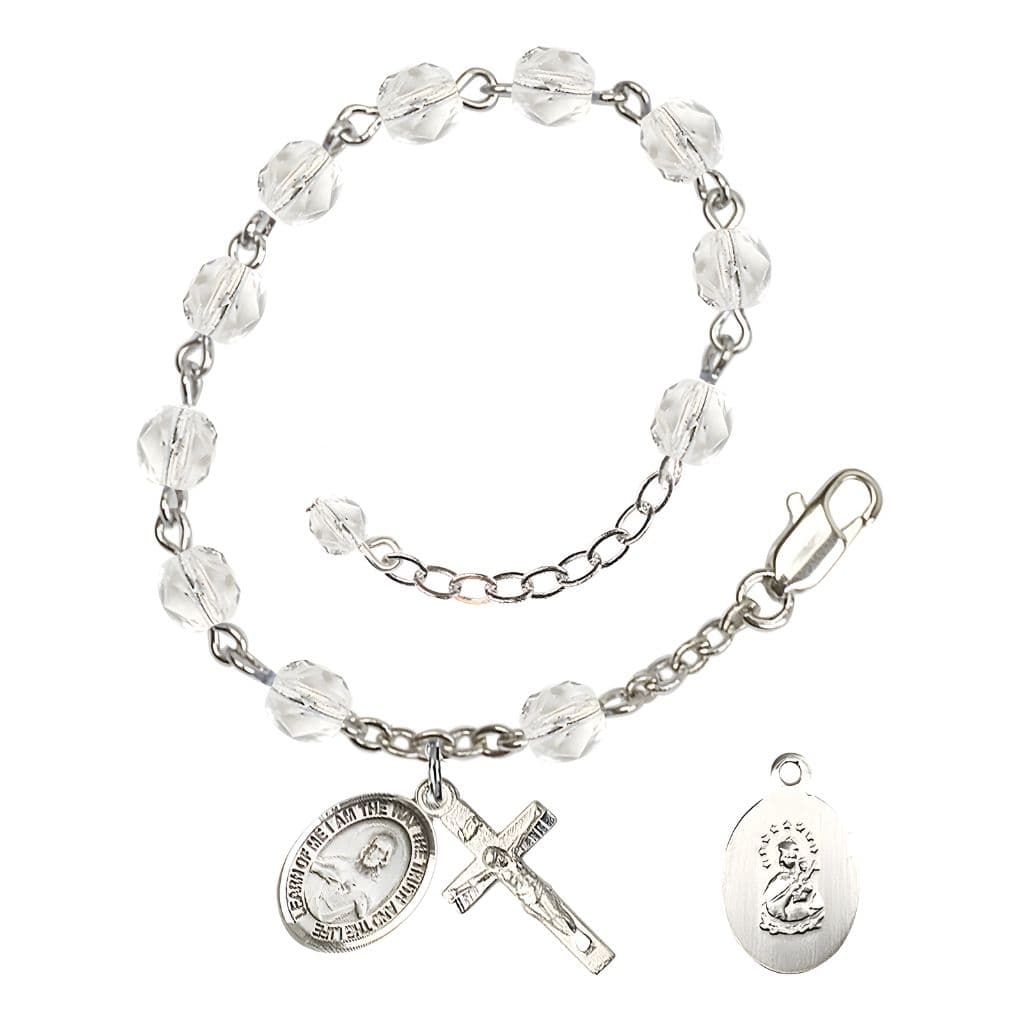 Bliss Sacred Heart of Jesus Scapular Rosary Bracelet with Pewter Crucifix and Charm, Birthstone 6mm Fire Polished Clear Crystal Beads for April