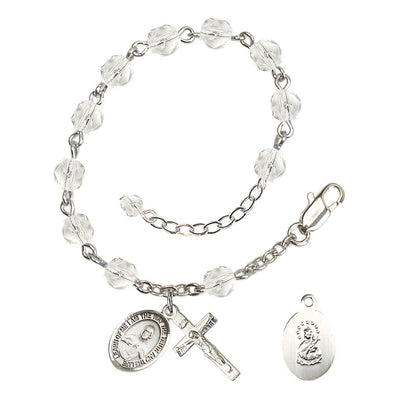 Sacred Heart of Jesus Scapular Rosary Bracelet with Pewter Crucifix and Charm, Birthstone 6mm Fire Polished Clear Crystal Beads for April, Bliss Manufacturing