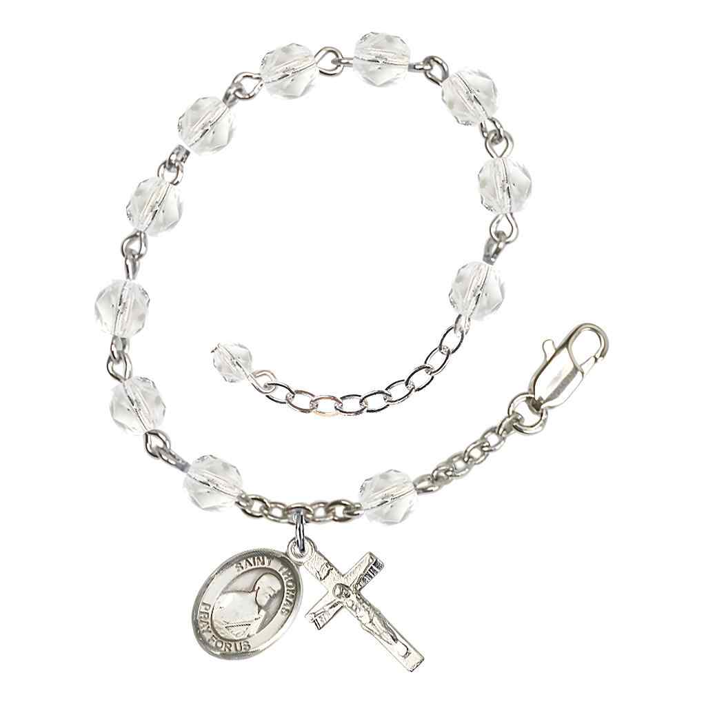 Bliss St. Thomas the Apostle Rosary Bracelet with Pewter Crucifix and Charm, Birthstone 6mm Fire Polished Clear Crystal Beads for April
