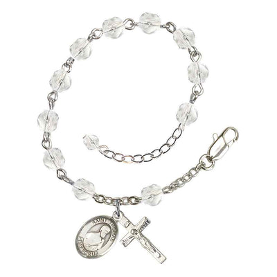 Bliss St. Thomas the Apostle Rosary Bracelet with Pewter Crucifix and Charm, Birthstone 6mm Fire Polished Clear Crystal Beads for April