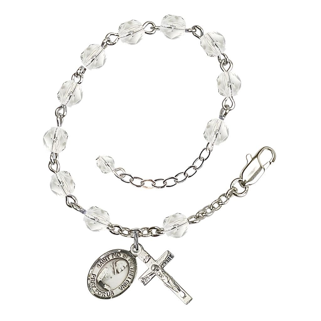 Bliss St. Padre Pio of Pietrelcina 6mm Fire Polished Birthstone Silver-plated Rosary Bracelet in Clear