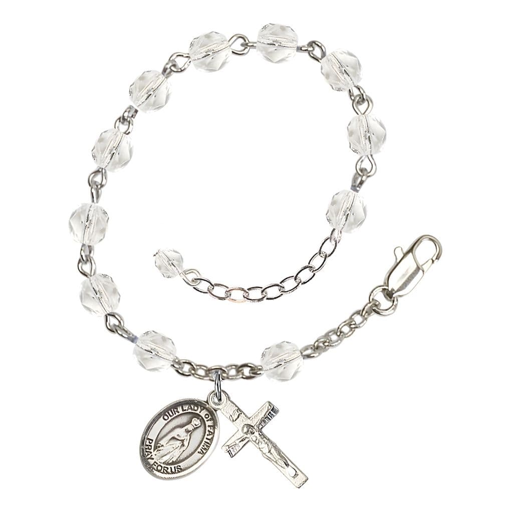 Bliss Our Lady of Fatima Rosary Bracelet with Pewter Crucifix and Charm, Birthstone 6mm Fire Polished Clear Crystal Beads for April