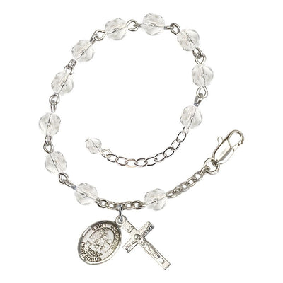 St. Germaine Cousin Rosary Silver-plated Bracelet with Pewter Crucifix and Charm, Birthstone 6mm Fire Polished Clear Crystal Beads for April