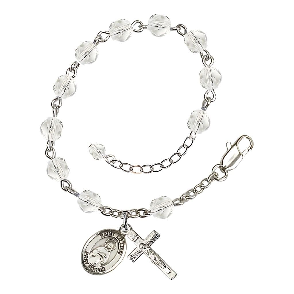 St. Lillian Birthstone Silver-Plated Rosary Bracelet in Clear,