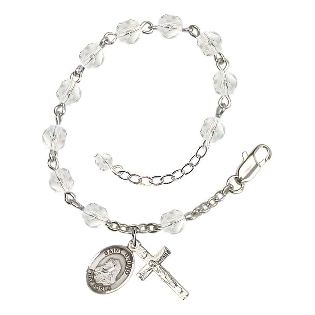 Saint Bruno Rosary Bracelet with Pewter Crucifix and Charm, Birthstone 6mm Fire Polished Clear Crystal Beads for April