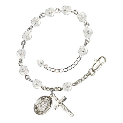 Saint Bruno Rosary Bracelet with Pewter Crucifix and Charm, Birthstone 6mm Fire Polished Clear Crystal Beads for April